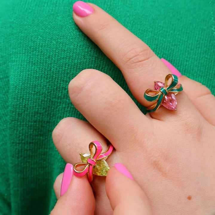 Amelia Scott Bow Gold Ring with Bright Pink Enamel and Lime Green - AS22TRR13M