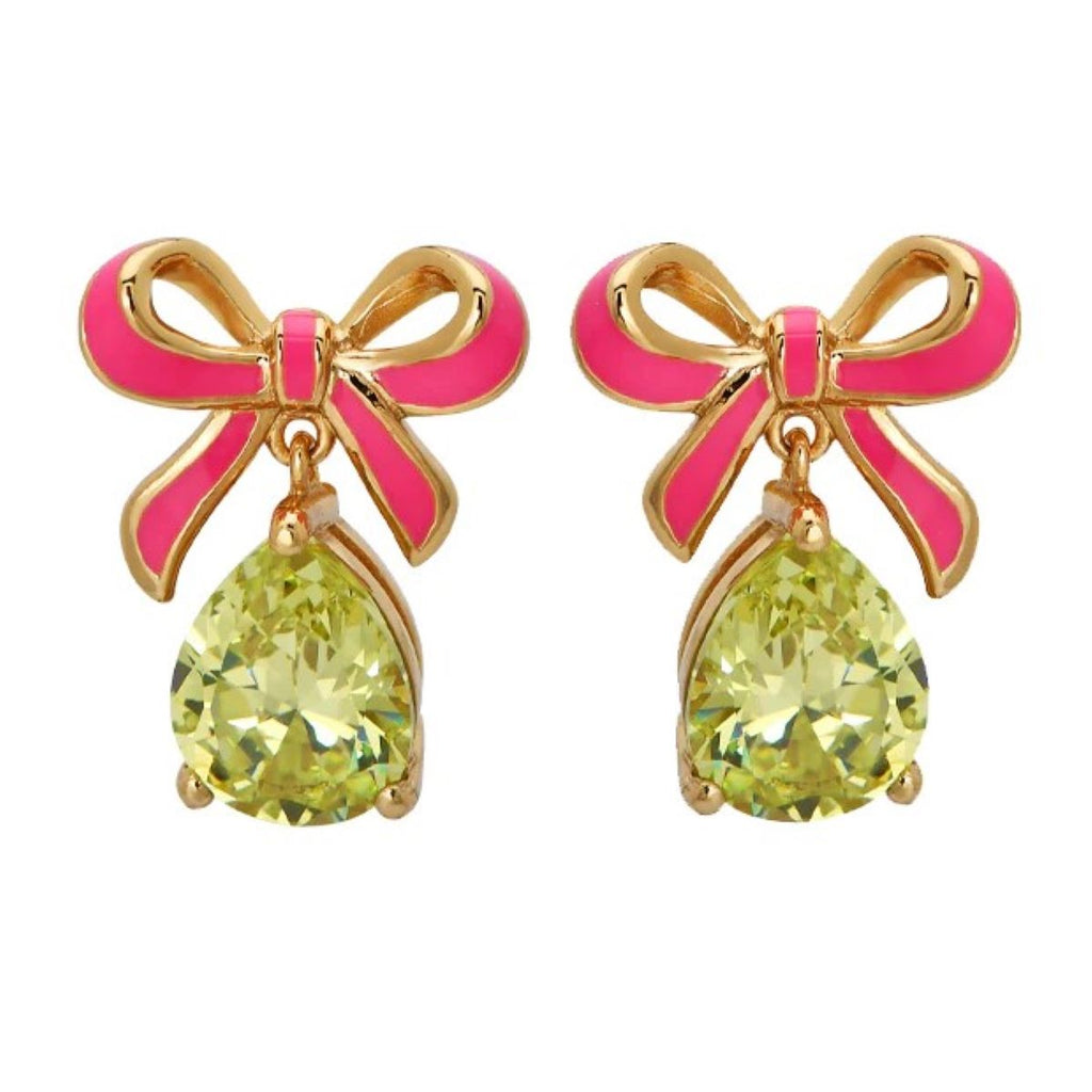 Bow Gold Stud Earrings Bright Pink Enamel Lime Green Teardrop