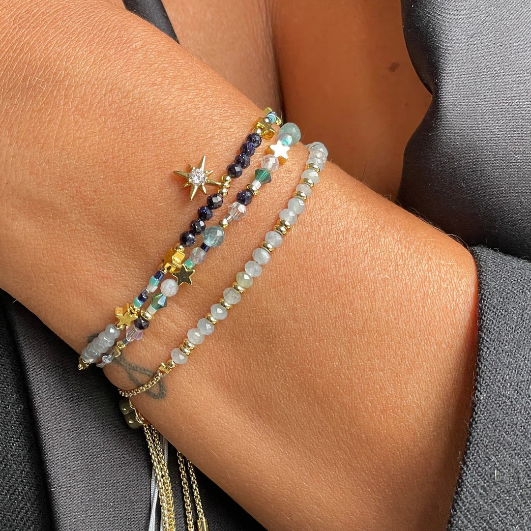 Boho Betty Mystical Rainbow Moonstone Gold Slider Bracelet. Item code BRWMRMGDVB.