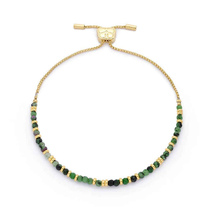 Boho Betty Mystical Gold Ruby Zoisite Gemstone Slider Bracelet. Item code BRRUZOGLD.