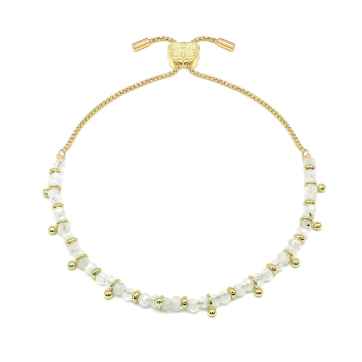 Boho Betty Harmony Rainbow Moonstone Gold Slider Bracelet. Item code BRWLMOGLDVB.
