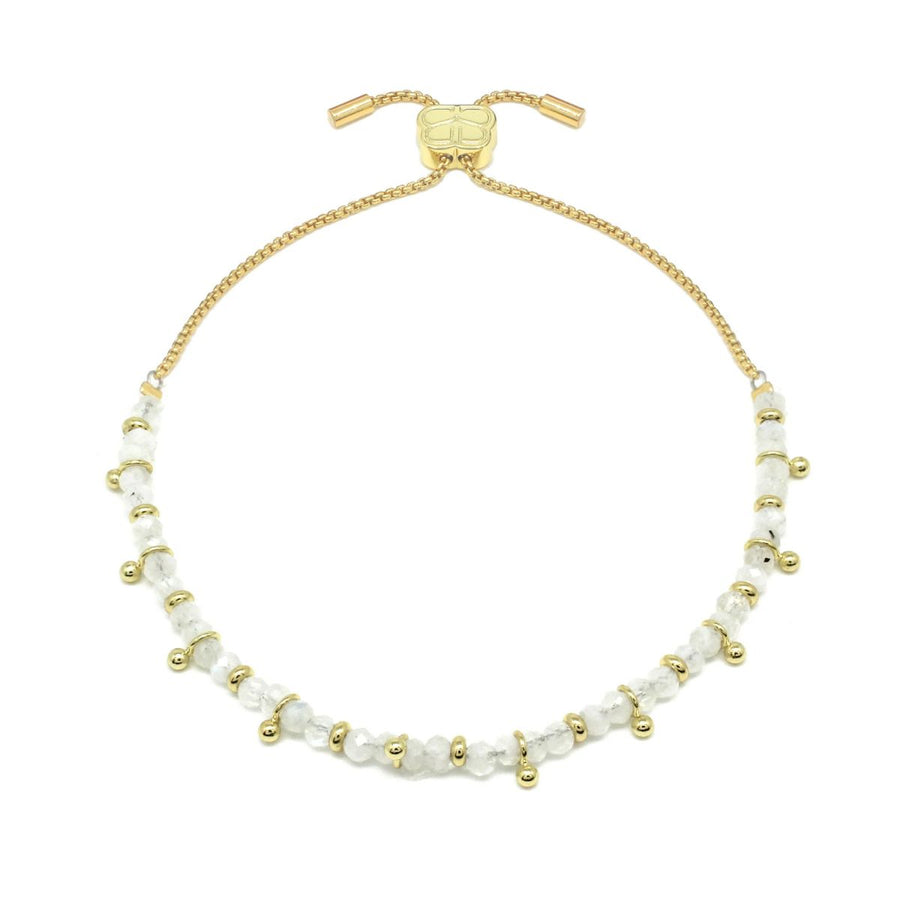 Boho Betty Harmony Rainbow Moonstone Gold Slider Bracelet. Item code BRWLMOGLDVB.