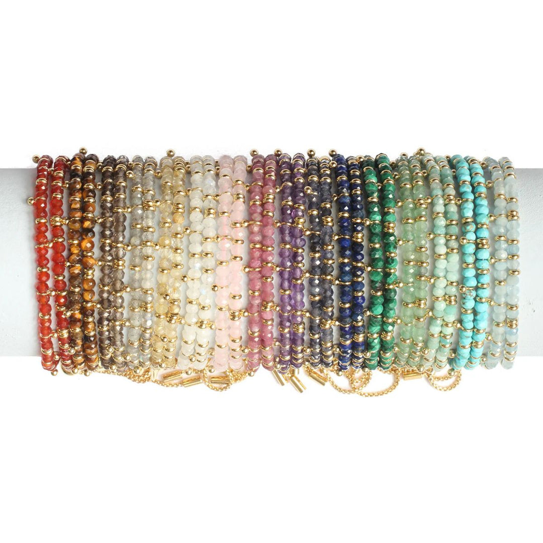 Boho Betty Harmony Rainbow Moonstone Gold Slider Bracelet. Item code BRWLMOGLDVB.