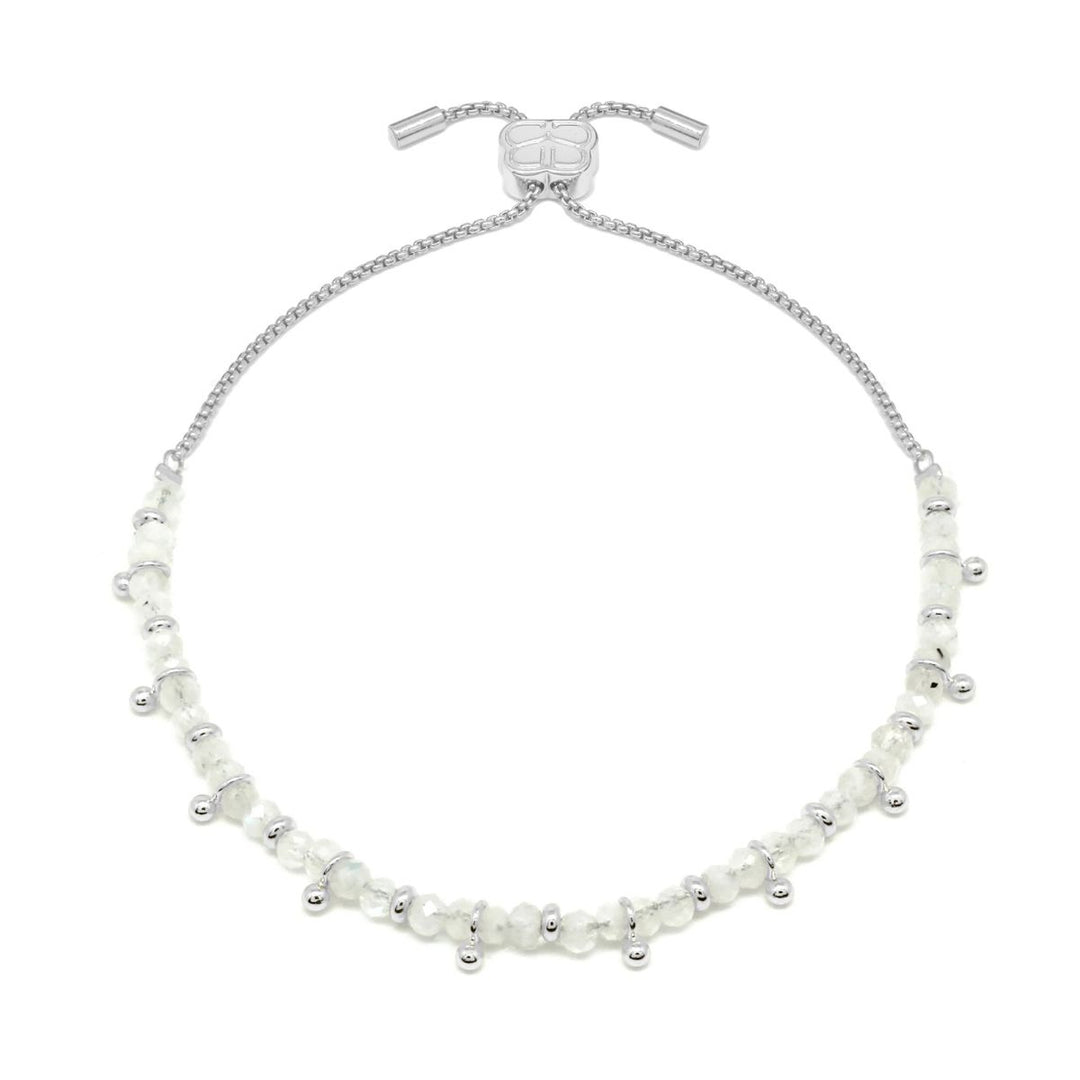 Boho Betty Harmony Rainbow Moonstone Silver Slider Bracelet. Item code BRWLMOSLVVB.