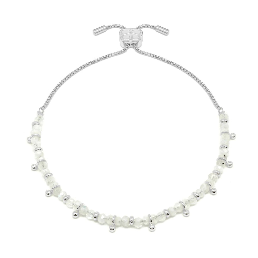 Boho Betty Harmony Rainbow Moonstone Silver Slider Bracelet. Item code BRWLMOSLVVB.