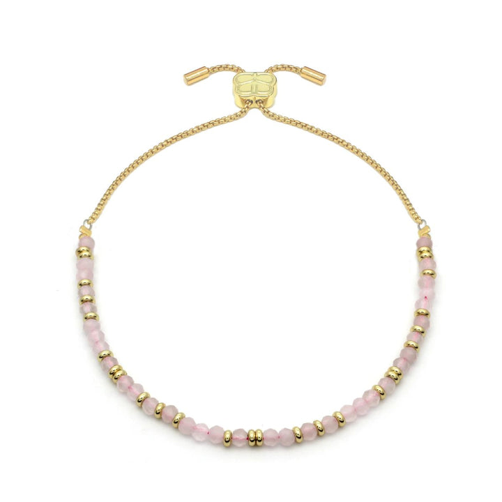 Boho Betty Mystical Rose Quartz Gold Slider Bracelet. Item code BRWMRQGDVB.