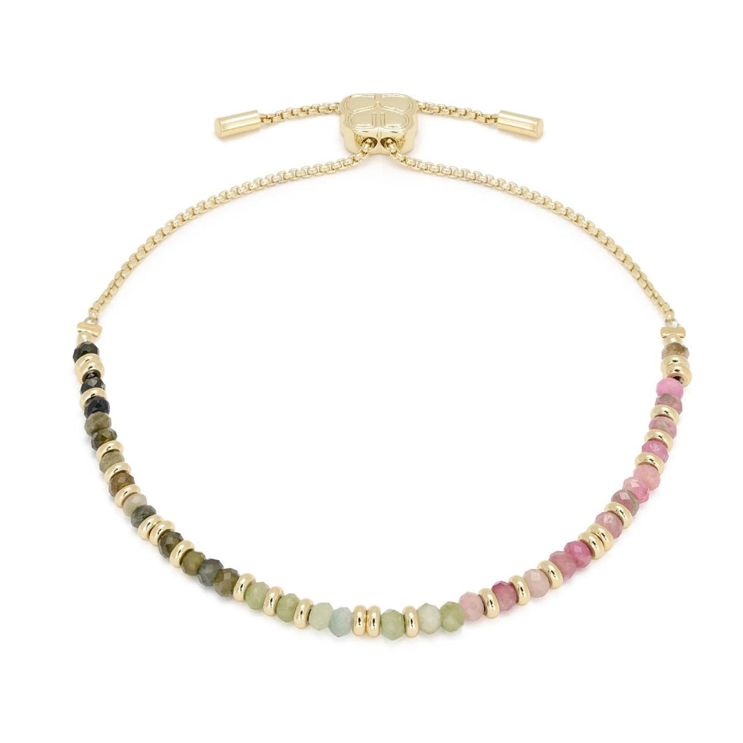 Boho Betty Mystical Tourmaline Gold Gemstone Slider Bracelet. Item code BRWMTOGLD.