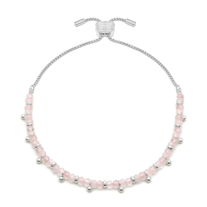 Boho Betty Harmony Rose Quartz Silver Slider Bracelet. Item code BRWRQSLVB.