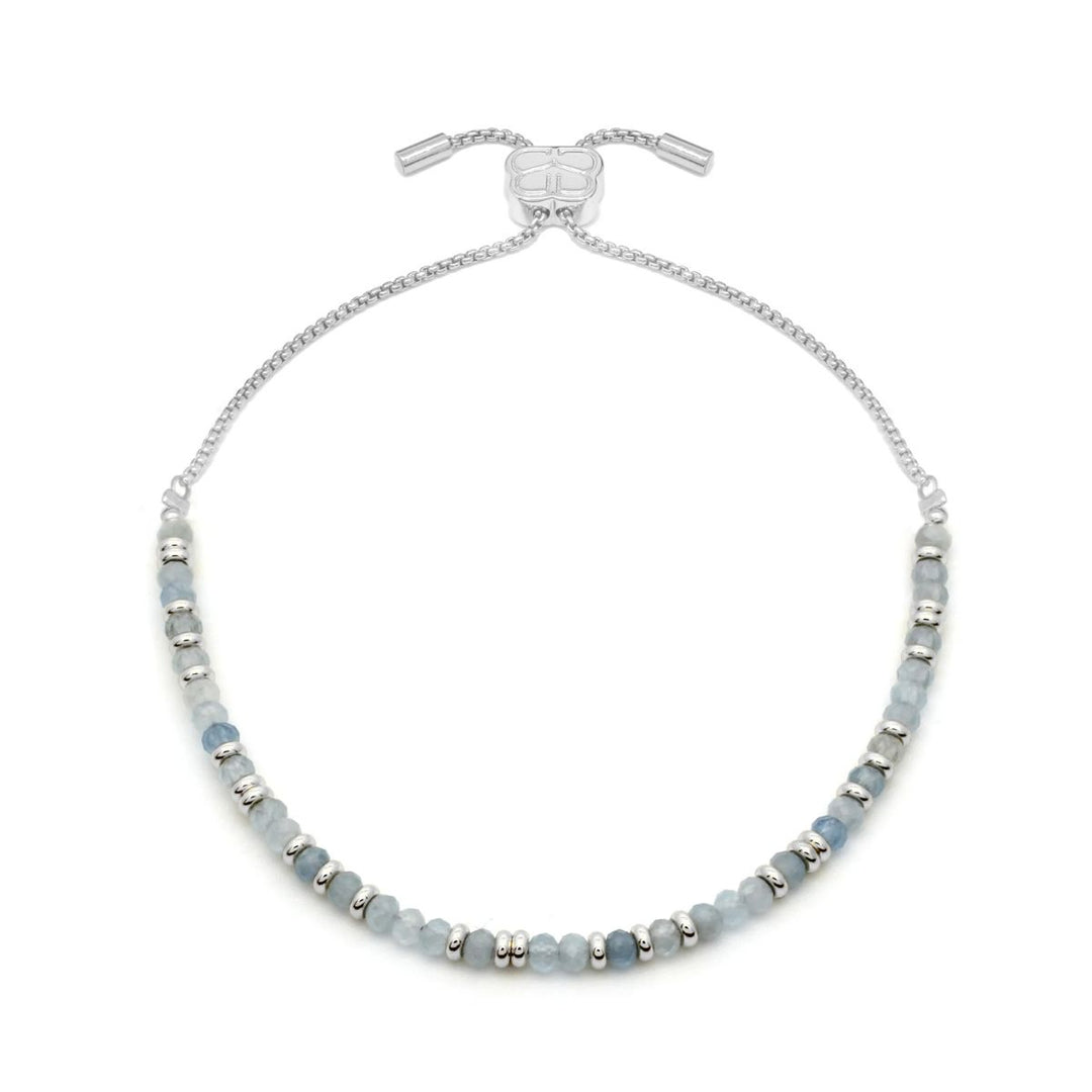 Boho Betty Mystical Aquamarine Silver Slider Bracelet. Item code BWMAQSLVB.