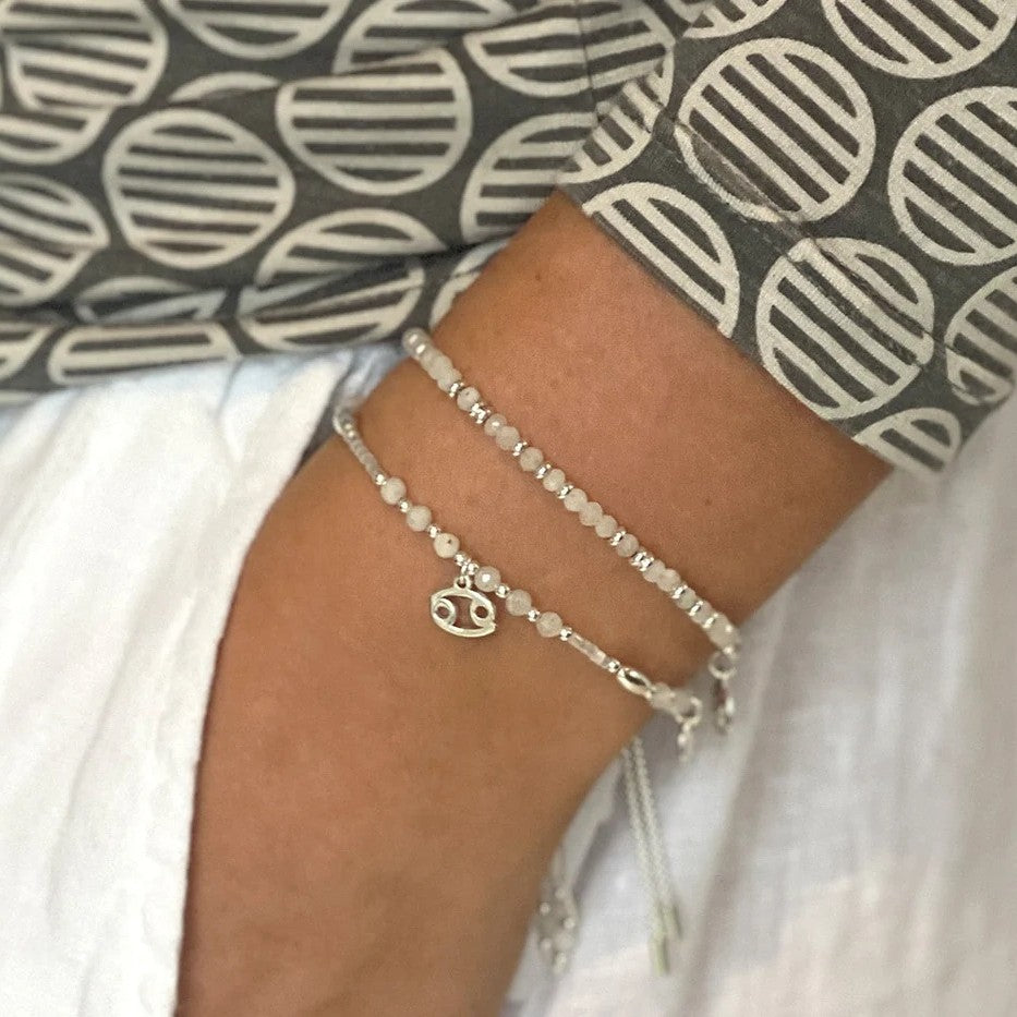 Boho Betty Mystical Rainbow Moonstone Silver Slider Bracelet. Item code BRWMRMSLVB.