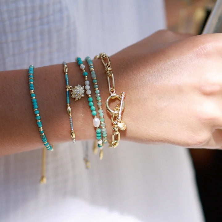 Boho Betty Mystical Turquoise Gold Slider Bracelet. Item code BRWMTQGDVB.