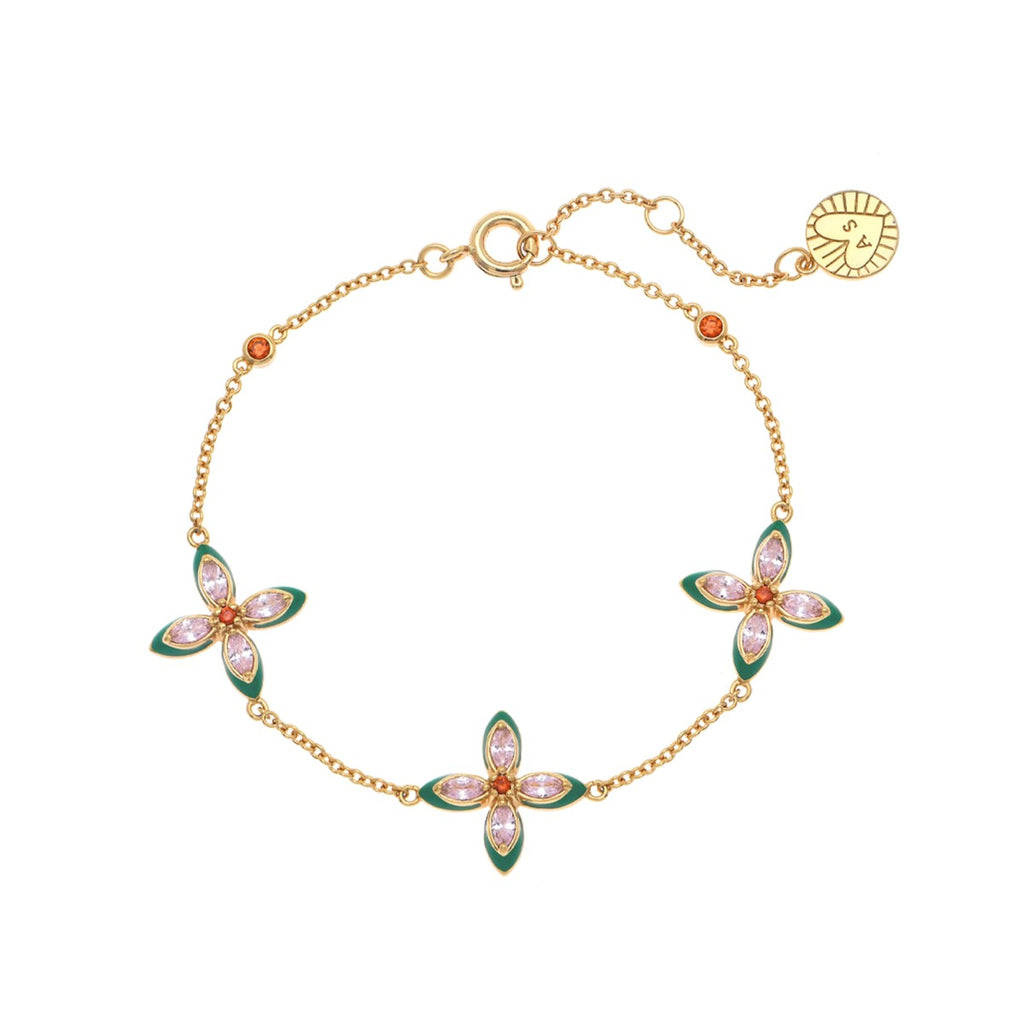 Lucky Clover Gold Bracelet Green Enamel Blush Pink Zirconia