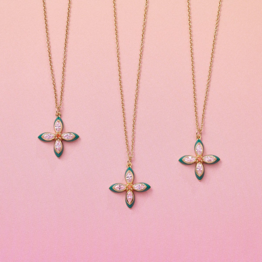 Amelia Scott Lucky Clover Gold Necklace with Green Enamel and Blush Pink AS22TRN12