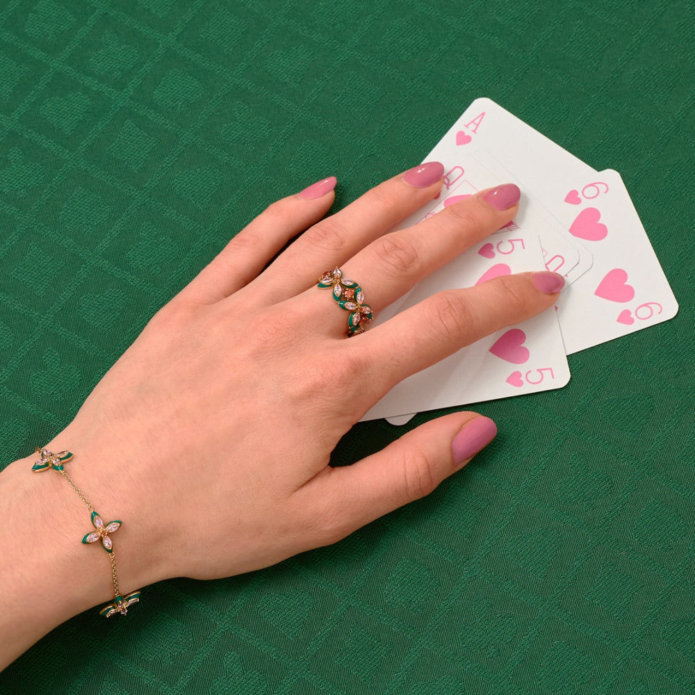 Amelia Scott Lucky Clover Gold Ring with Emerald Green Enamel and Blush Pink