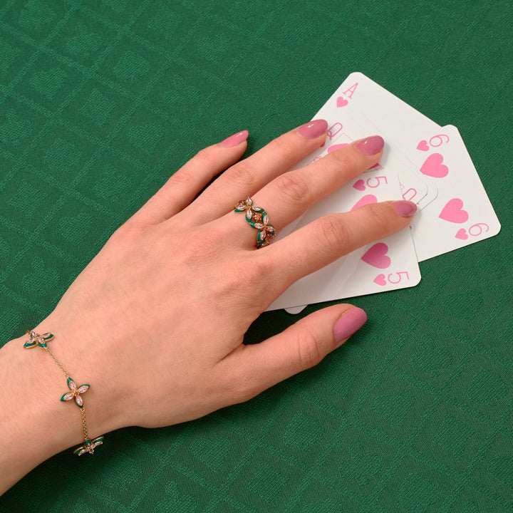 Amelia Scott Lucky Clover Gold Ring with Emerald Green Enamel and Blush Pink