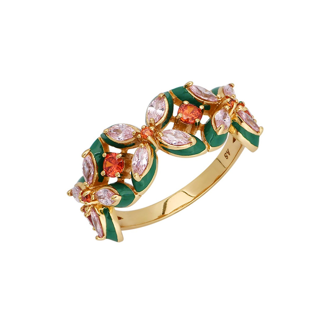 Lucky Clover Gold Ring Emerald Green Enamel Blush Pink