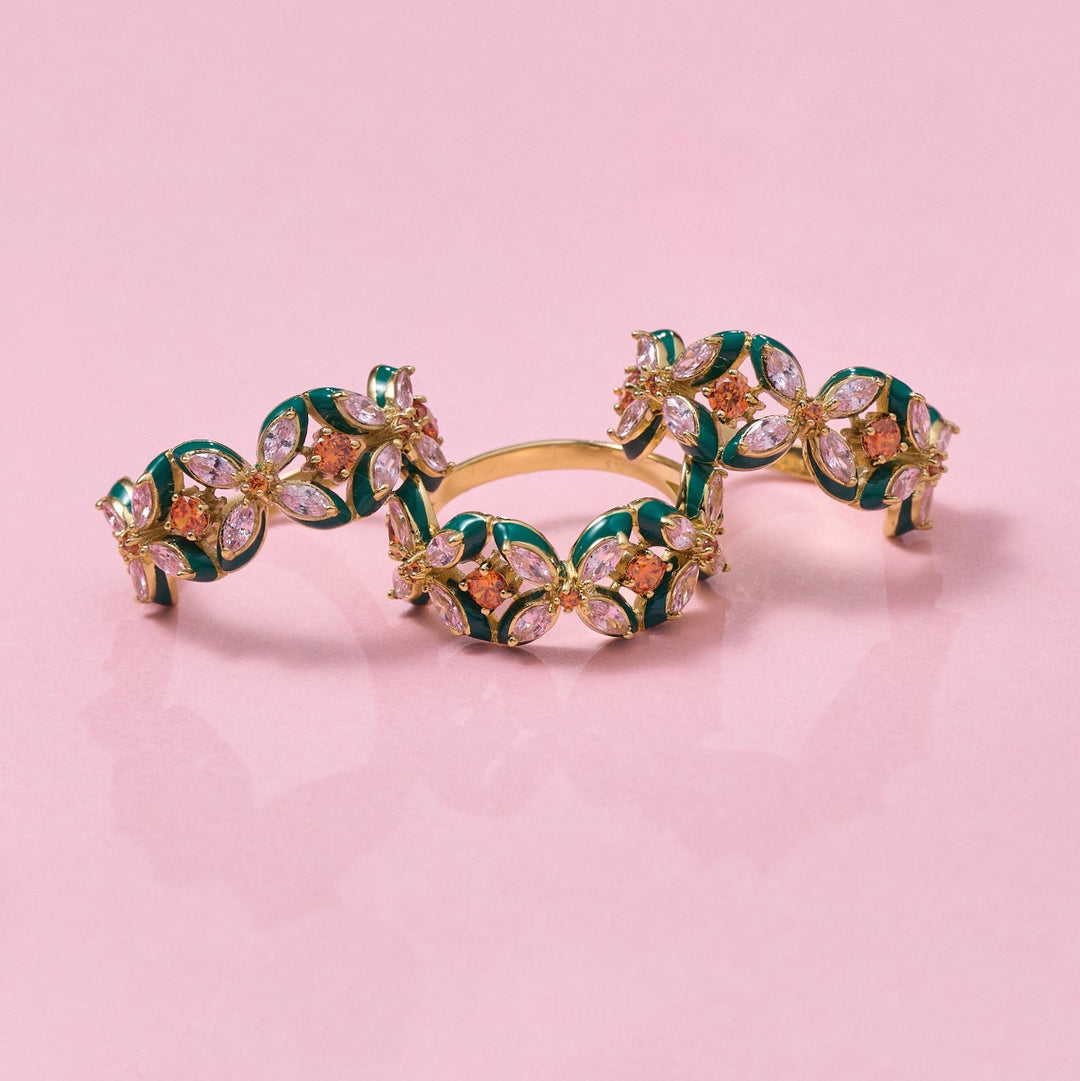 Amelia Scott Lucky Clover Gold Ring with Emerald Green Enamel and Blush Pink