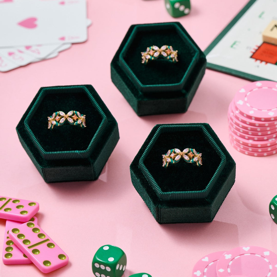 Amelia Scott Lucky Clover Gold Ring with Emerald Green Enamel and Blush Pink