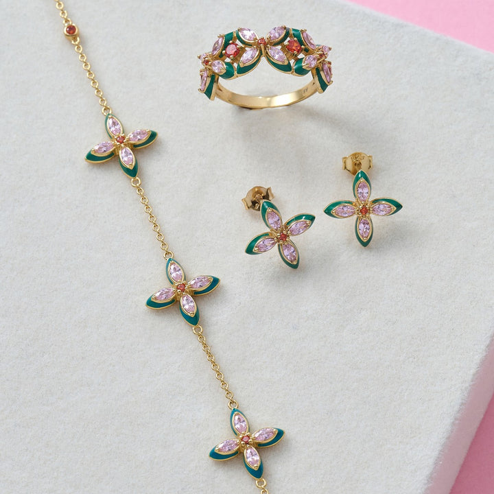 Amelia Scott Lucky Clover Gold Stud Earrings with Green Enamel and Blush Pink