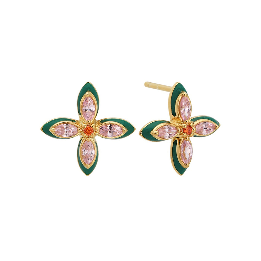 Lucky Clover Gold Stud Earrings Green Enamel Blush Pink