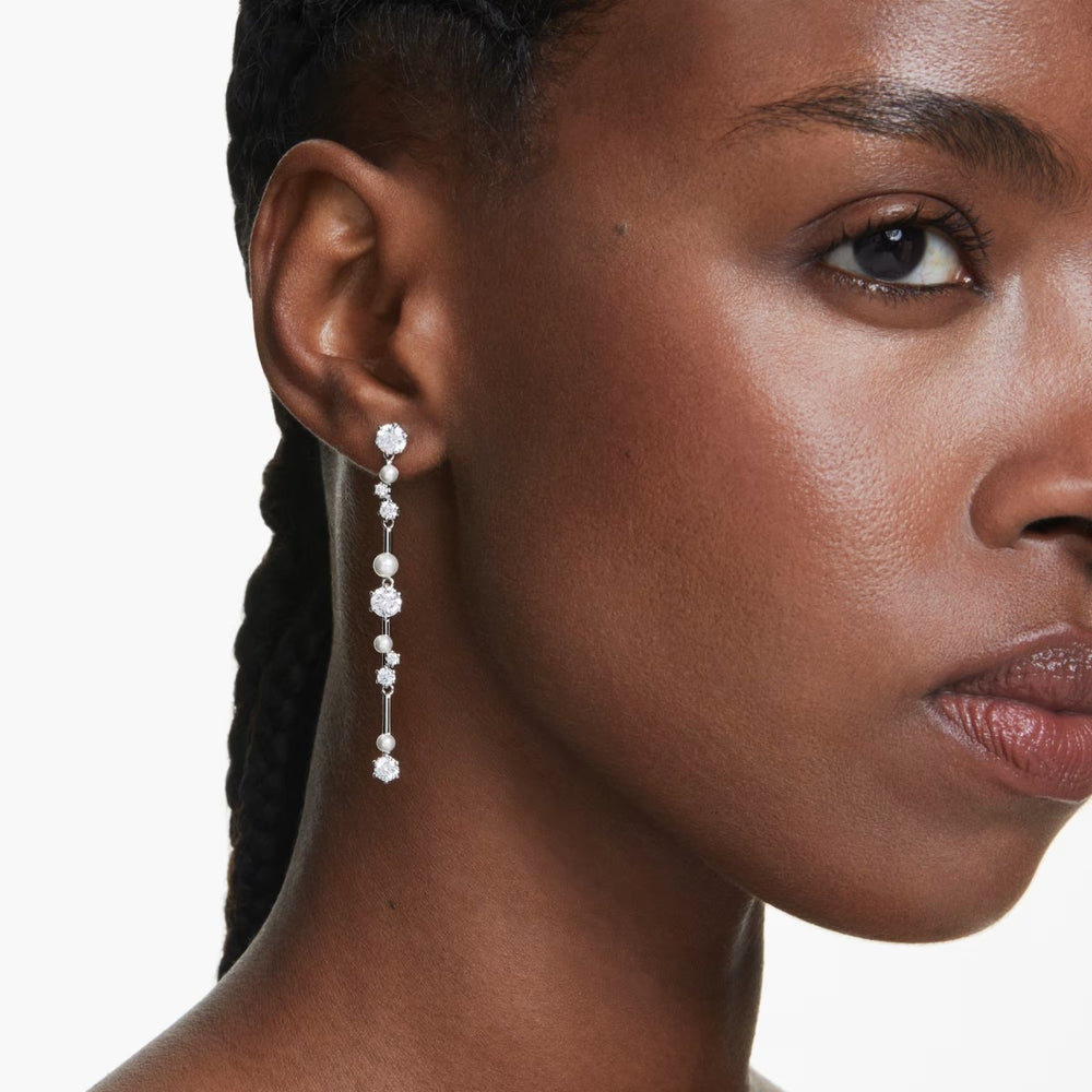 Swarovski Constella Drop Earrings Crystal Pearl - White with Rhodium Plating 5705614