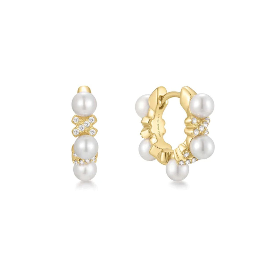 Ania Haie Sparkling Braided Shell Pearl Gold Huggie Hoop Earrings. Item code E069-07G.