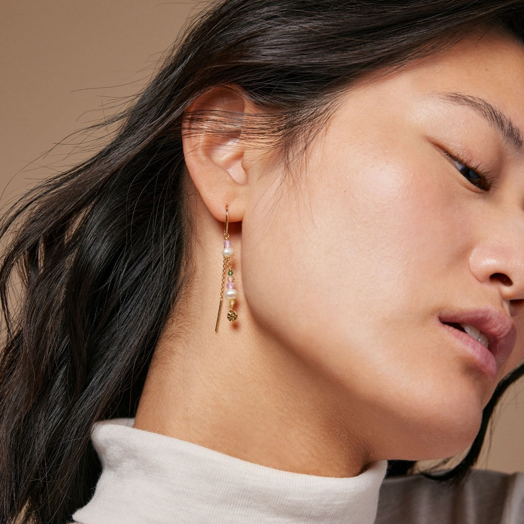Enamel Copenhagen Sofia Peach and Green Pearl Gold Earrings. Item code E282G_peach.