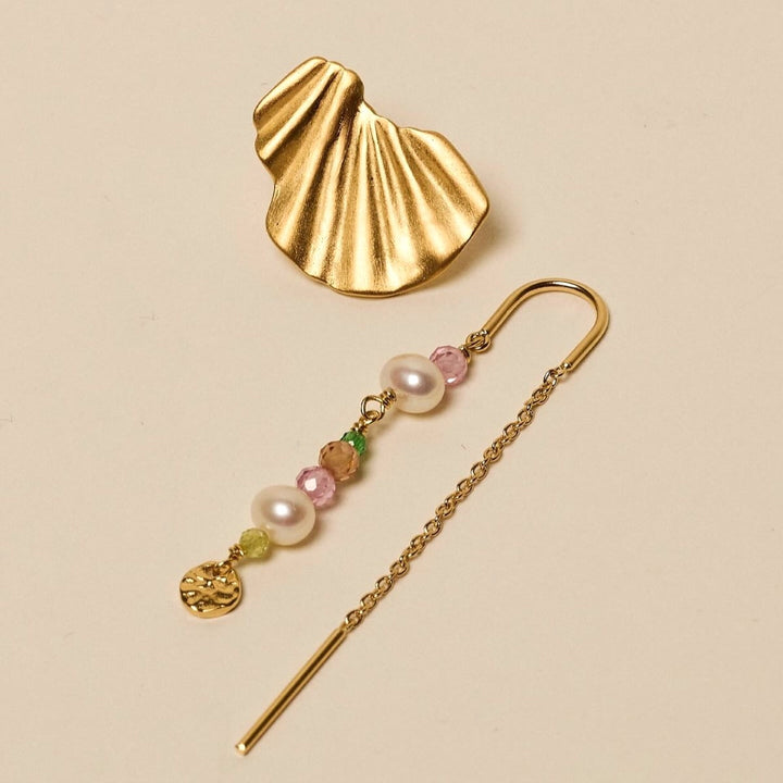 Enamel Copenhagen Sofia Peach and Green Pearl Gold Earrings. Item code E282G_peach.