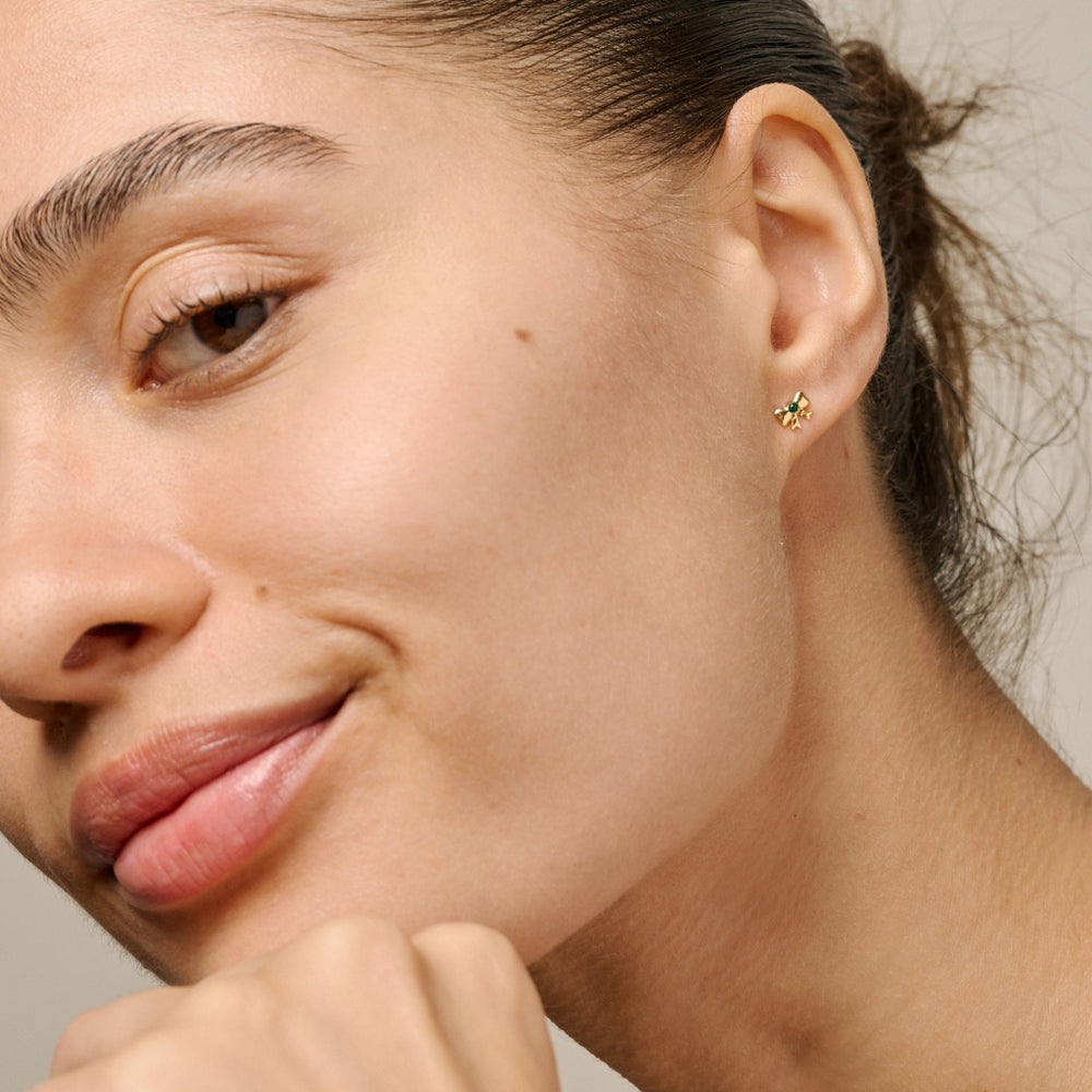 Enamel Copenhagen Baby Bow Petrol Green Gold Stud Earrings. Item code E440G_PetrolGreen.