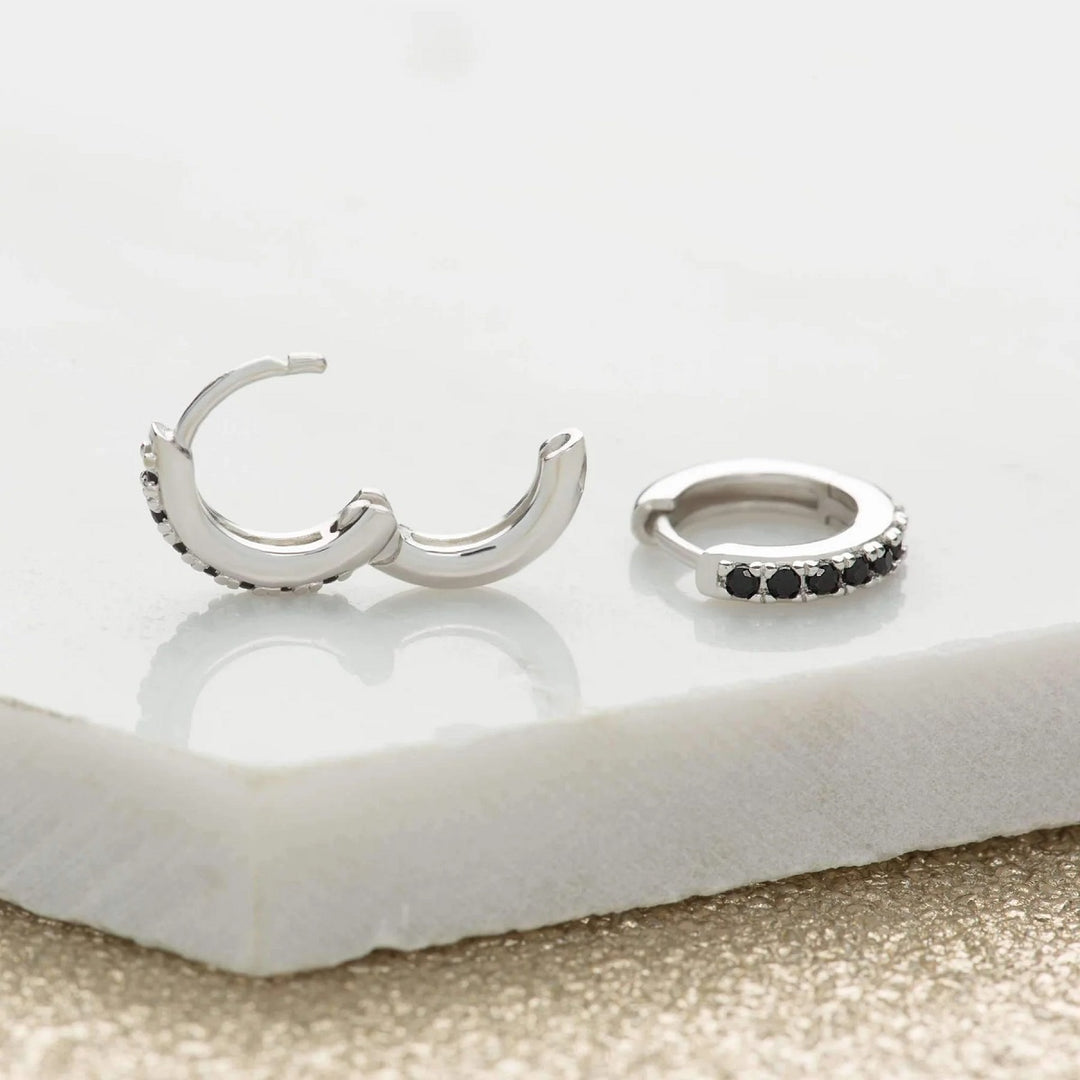 Scream Pretty Huggie Hoop Earrings With Black Stones - Silver SPESSS52-PV