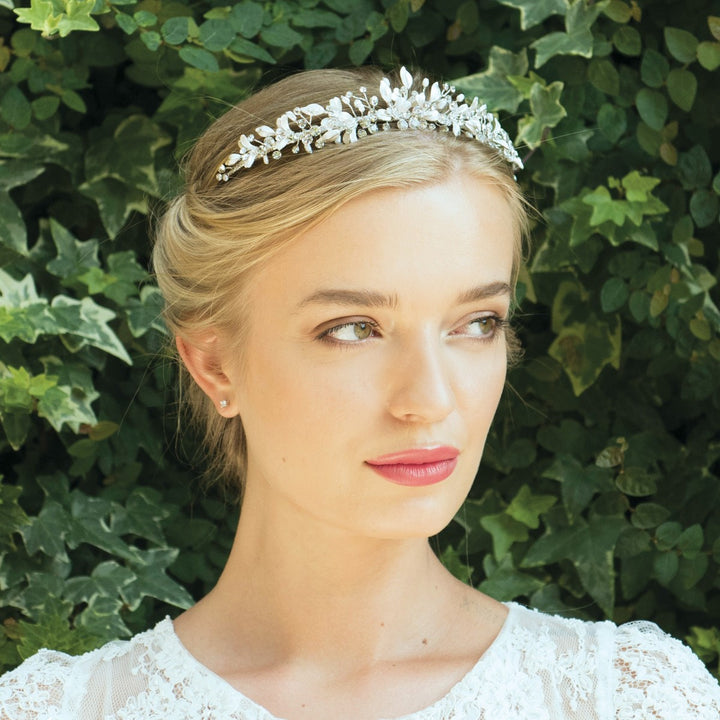 Ivory & Co Elva Silver Crystal and Pearl Leafy Enamelled Tiara