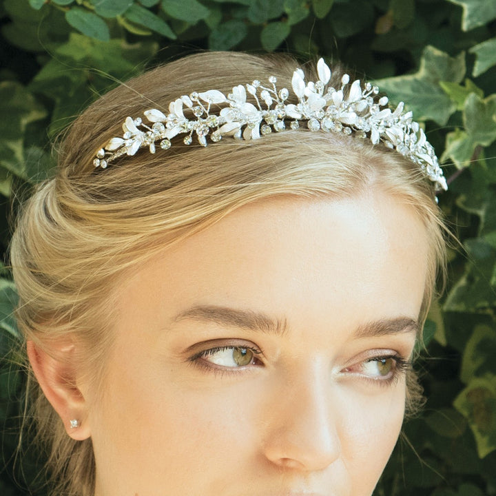 Ivory & Co Elva Silver Crystal and Pearl Leafy Enamelled Tiara