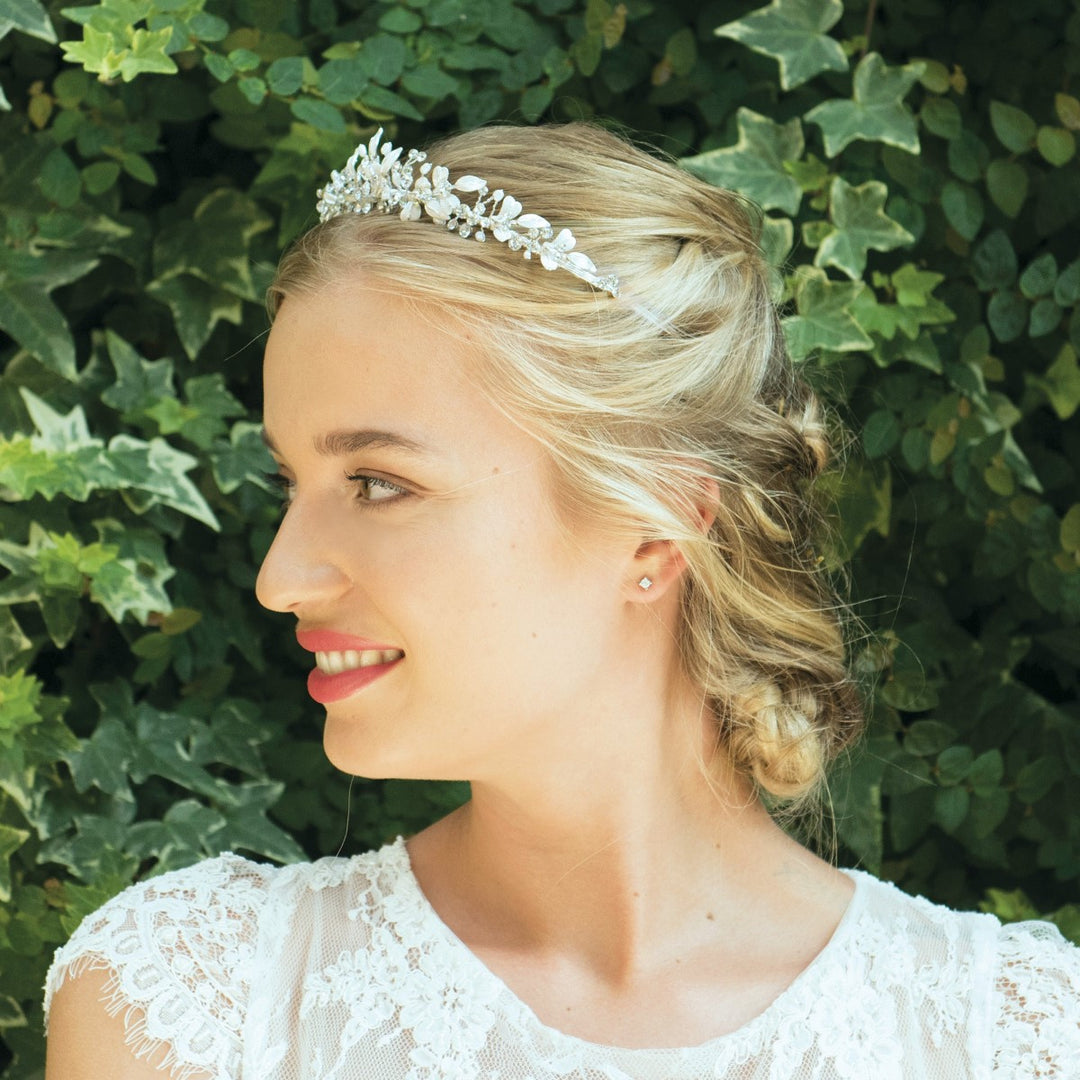 Ivory & Co Elva Silver Crystal and Pearl Leafy Enamelled Tiara