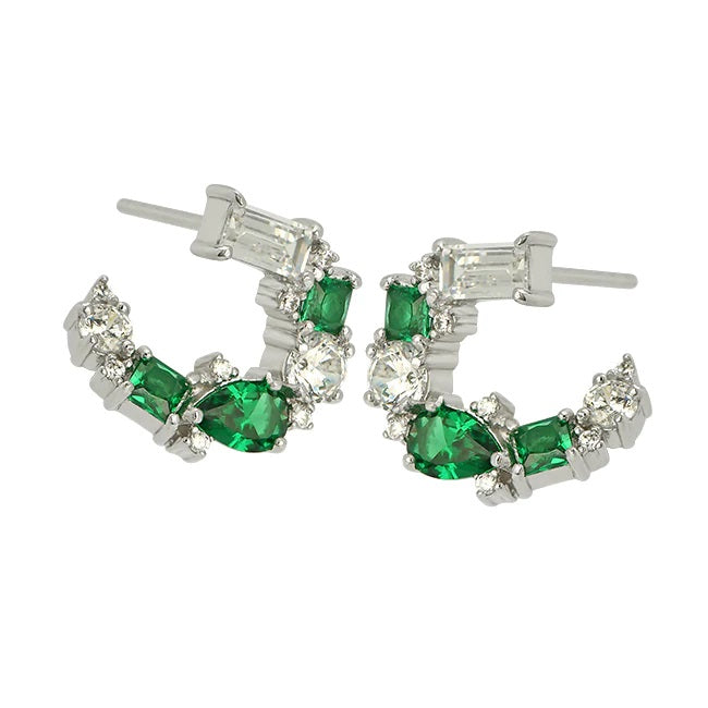 Lottie Cluster Sideways Hoop Earrings Emerald Zirconia
