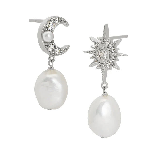 Amelia Scott Luna Moon and Star Baroque Pearl Stud Earrings Silver