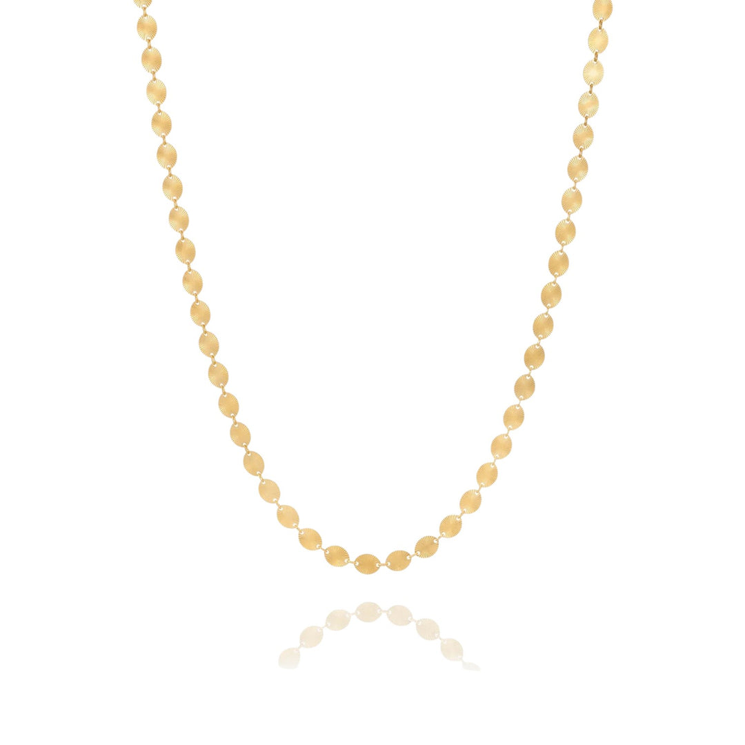 Rachel Jackson gold sunburst chain necklace with oval links etched with sun rays, 22ct gold plated sterling silver.