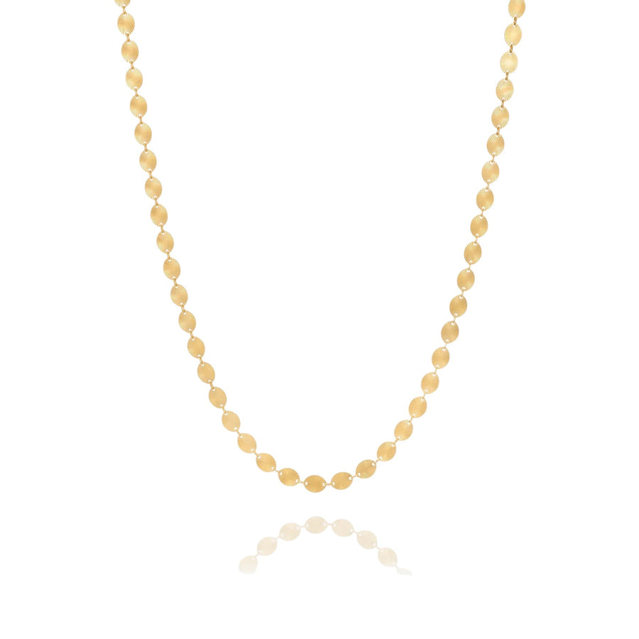 Rachel Jackson gold sunburst chain necklace with oval links etched with sun rays, 22ct gold plated sterling silver.