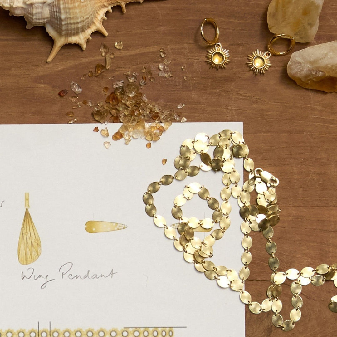 Rachel Jackson gold sunburst chain necklace with oval links etched with sun rays, 22ct gold plated sterling silver.