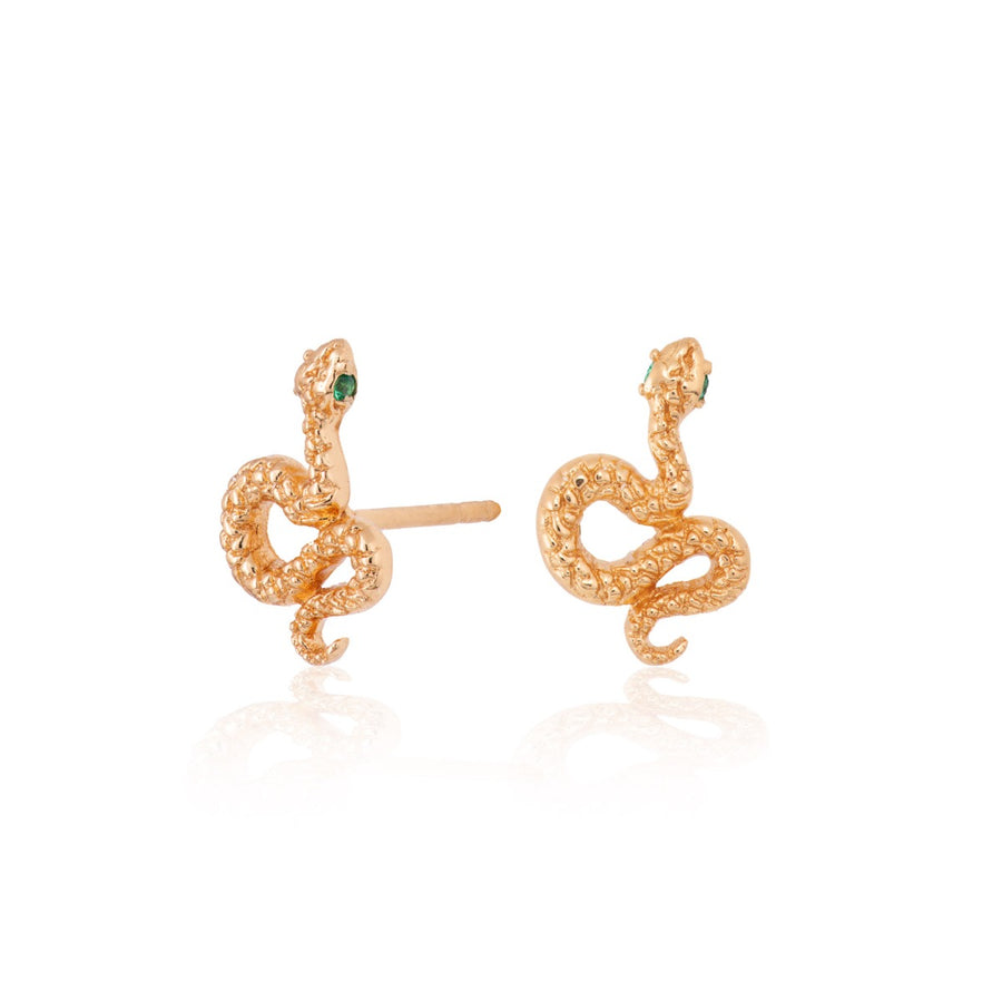 Scream Pretty Snake Stud Earrings with Green Eyes - Gold