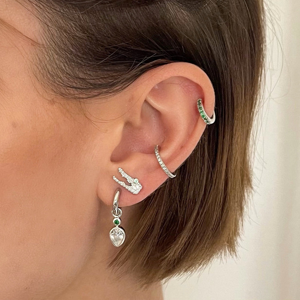 Niche Jewellery Scream Pretty Huggie Earrings with Green Stones - Silver detail