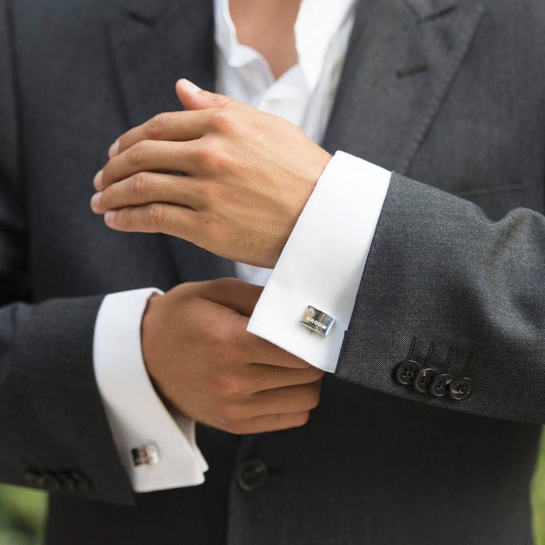 Ivory & Co Groom Rhodium Crystal Engraved Cufflinks