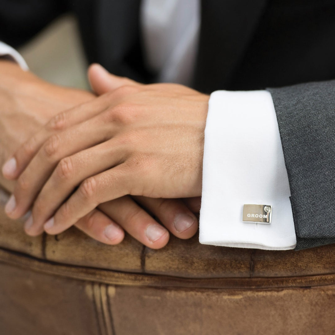 Ivory & Co Groom Rhodium Crystal Engraved Cufflinks