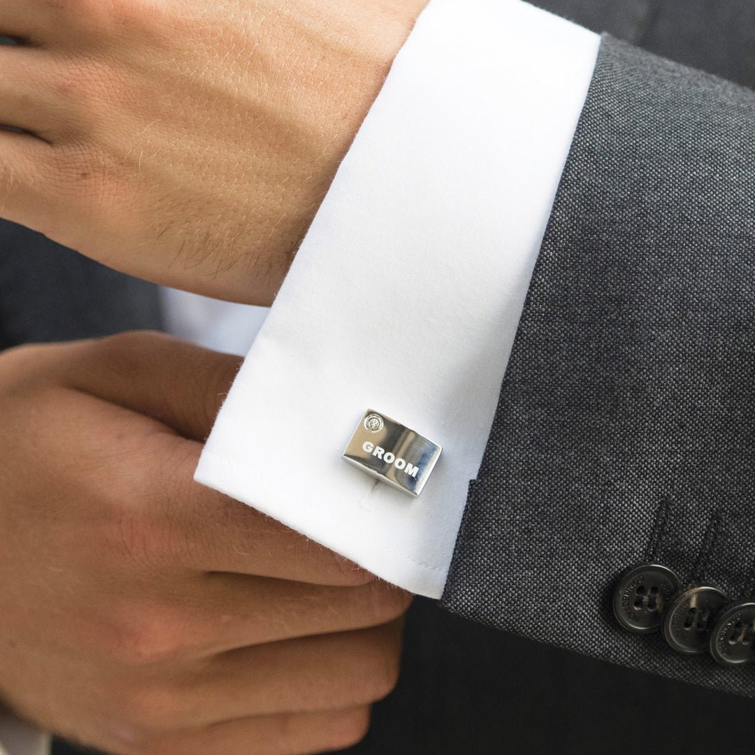 Ivory & Co Groom Rhodium Crystal Engraved Cufflinks