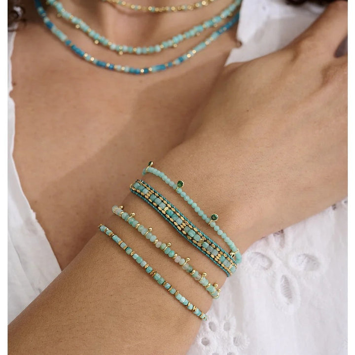 Boho Betty Harmony Amazonite Gold Slider Bracelet. Item code BRWAMGDVB.