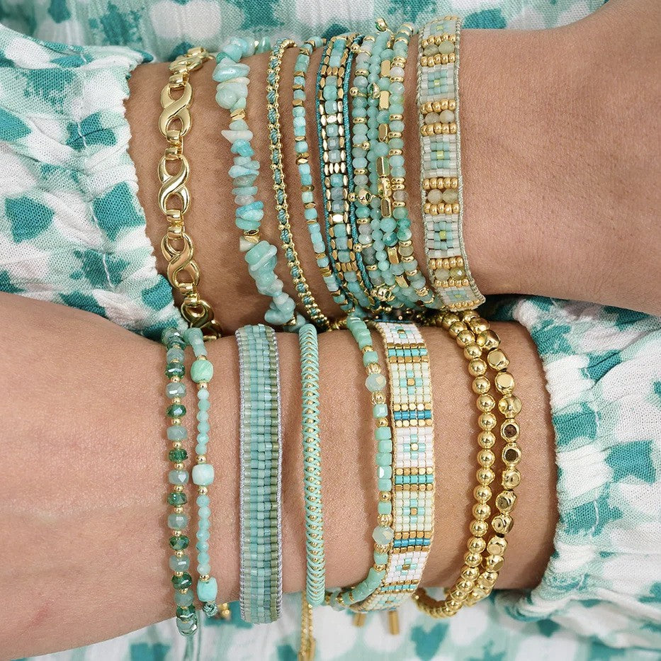 Boho Betty Harmony Amazonite Gold Slider Bracelet. Item code BRWAMGDVB.