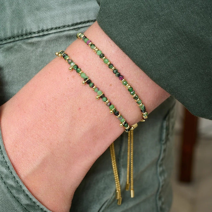 Boho Betty Mystical Gold Ruby Zoisite Gemstone Slider Bracelet. Item code BRRUZOGLD.