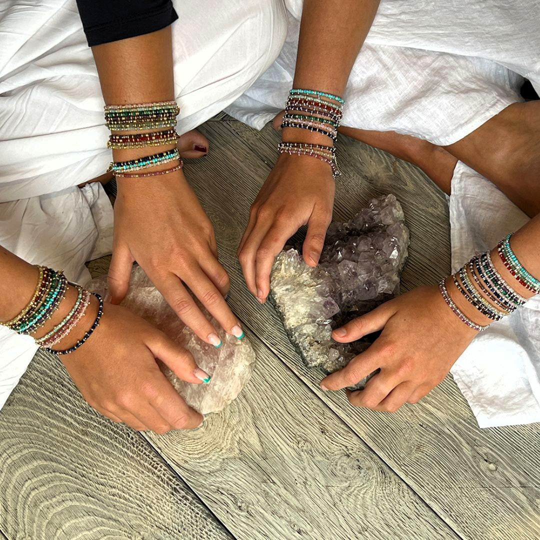 Boho Betty Harmony Rainbow Moonstone Gold Slider Bracelet. Item code BRWLMOGLDVB.