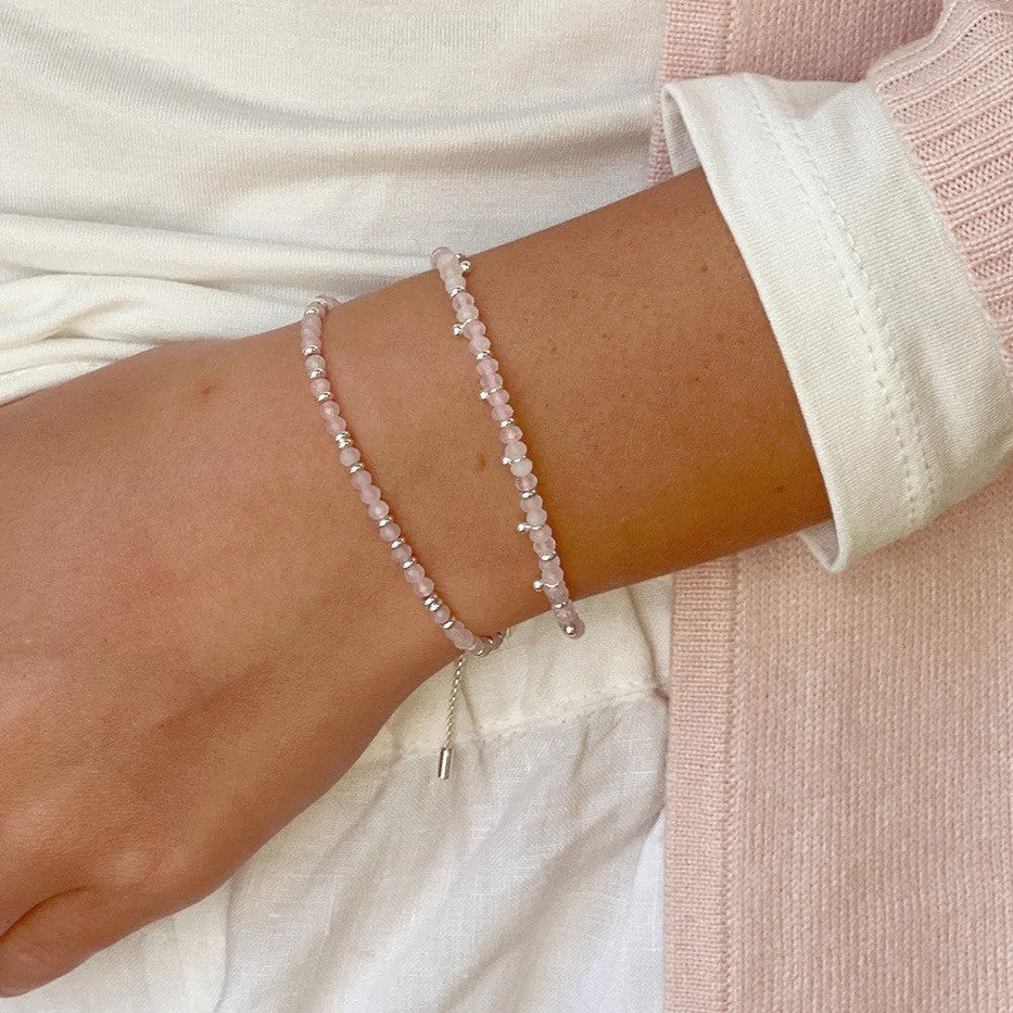 Boho Betty Harmony Rose Quartz Silver Slider Bracelet. Item code BRWRQSLVB.