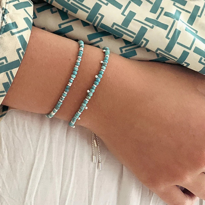 Boho Betty Harmony Turquoise Silver Slider Bracelet. Item code BRWTQSLVB.