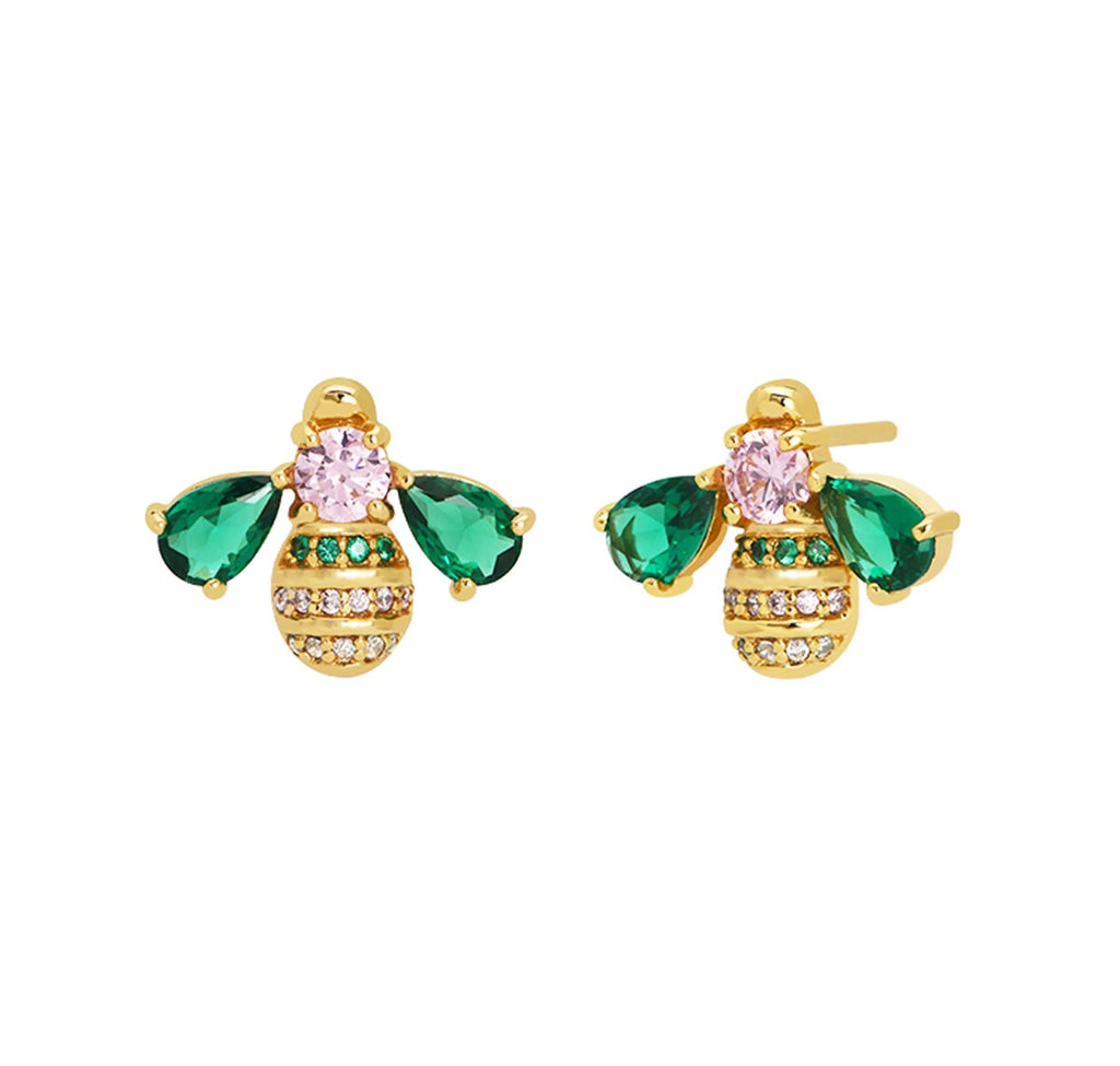 Beatrice Jewelled Bee Gold Stud Earrings Emerald Blush Pink